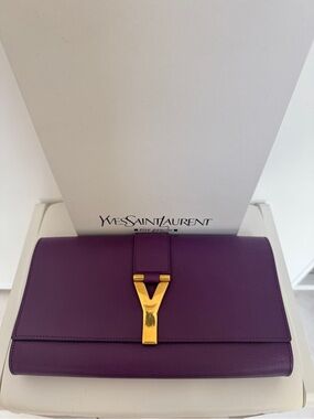 Yves Saint Laurent Purple Leather Clutch with Gold Y Hardware